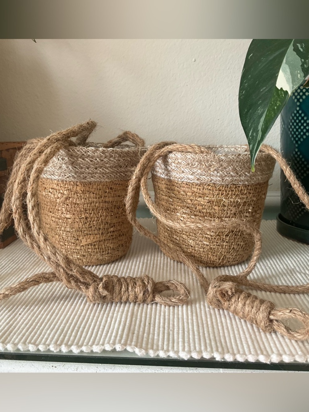Handwoven Jute Hanging Planter Pair - Natural & Cream Accents
